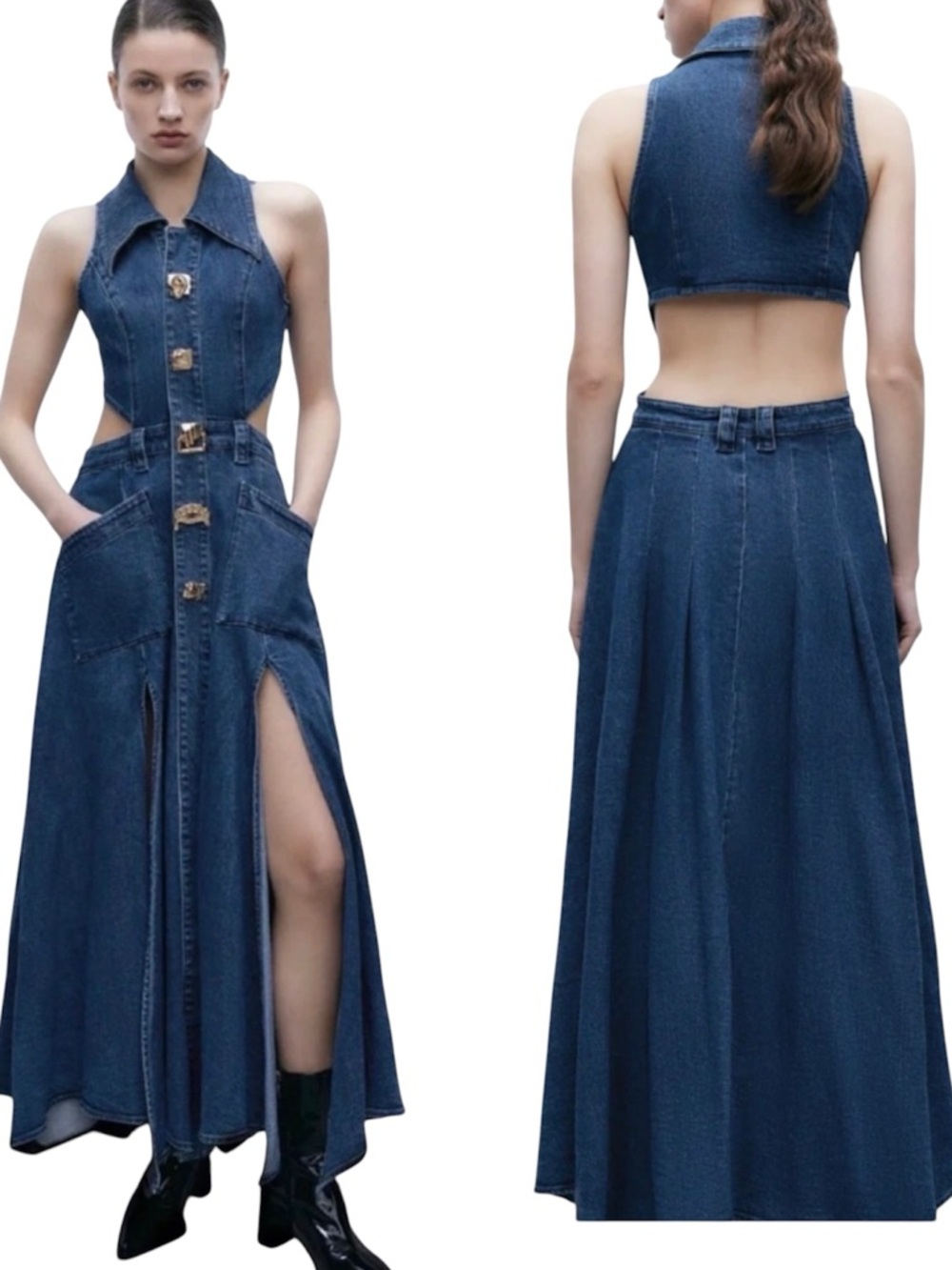 Urban Revivo Cut Out Sleeveless Maxi Denim Dress US 8 - Picture 8 of 10